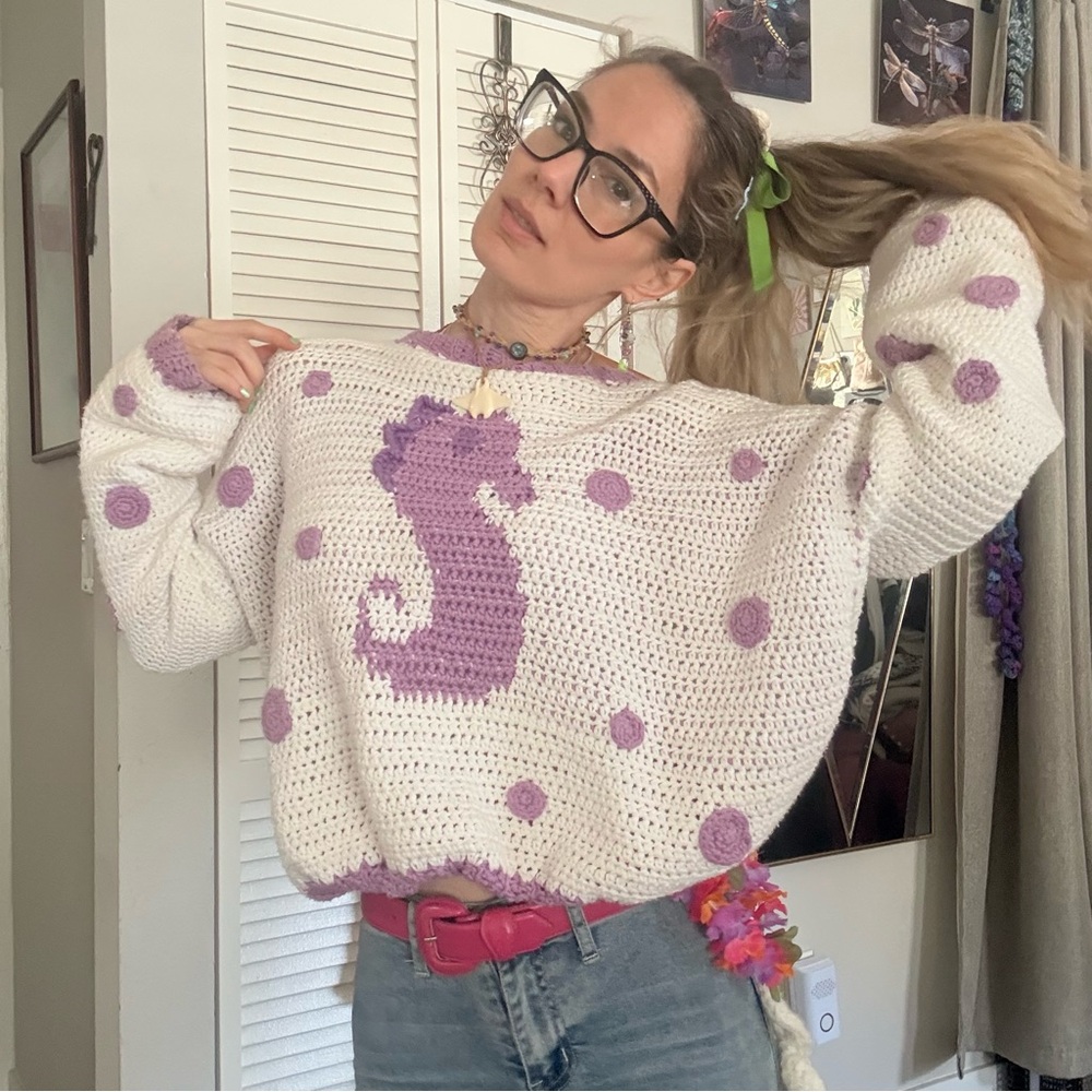 Vintage Cream Crochet Sweater with Lavender Seahorse Motif